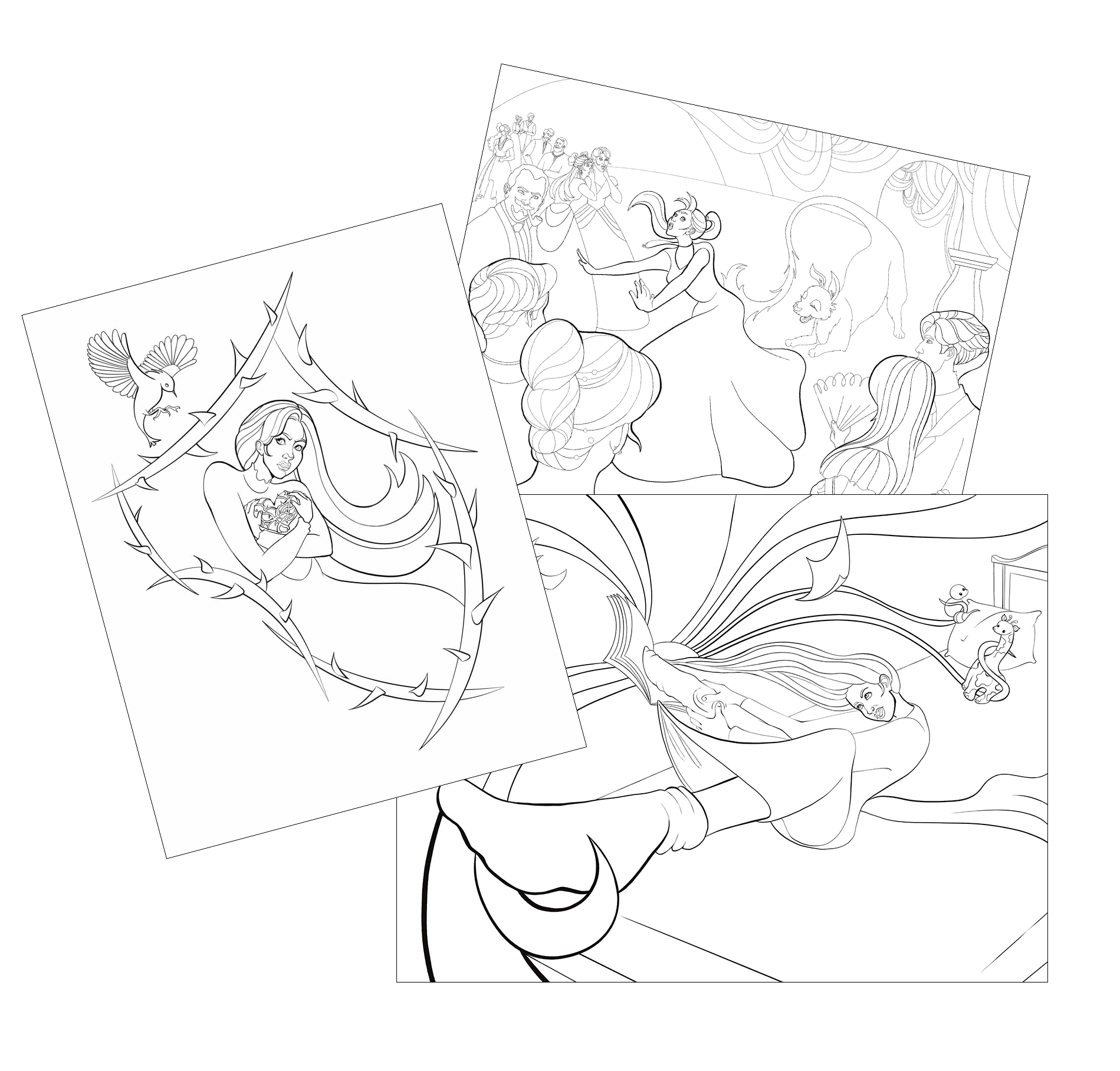 Three hand-drawn sketches depicting characters from a story with intricate details and vibrant colors.