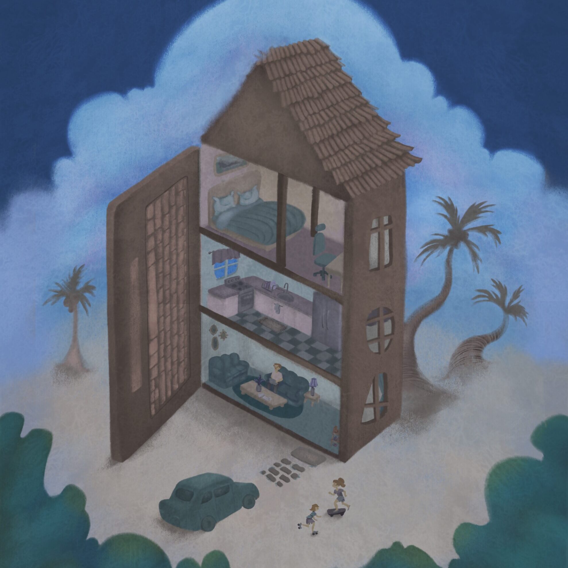 Illustration of dollhouse made with laptop keyboard door. Beach environment.