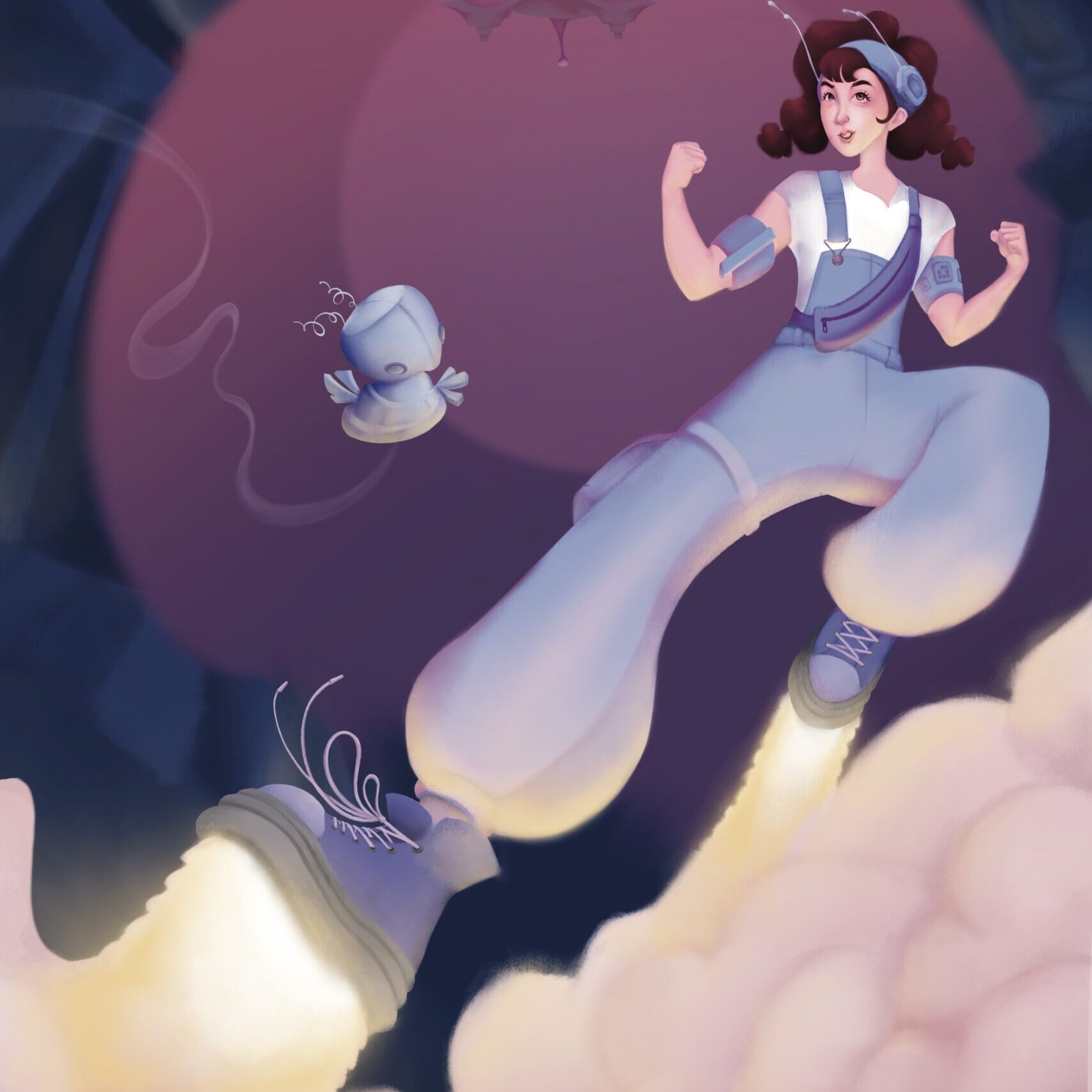 Illustration of teen girl flying with jet powered shoes. Has a robot friend