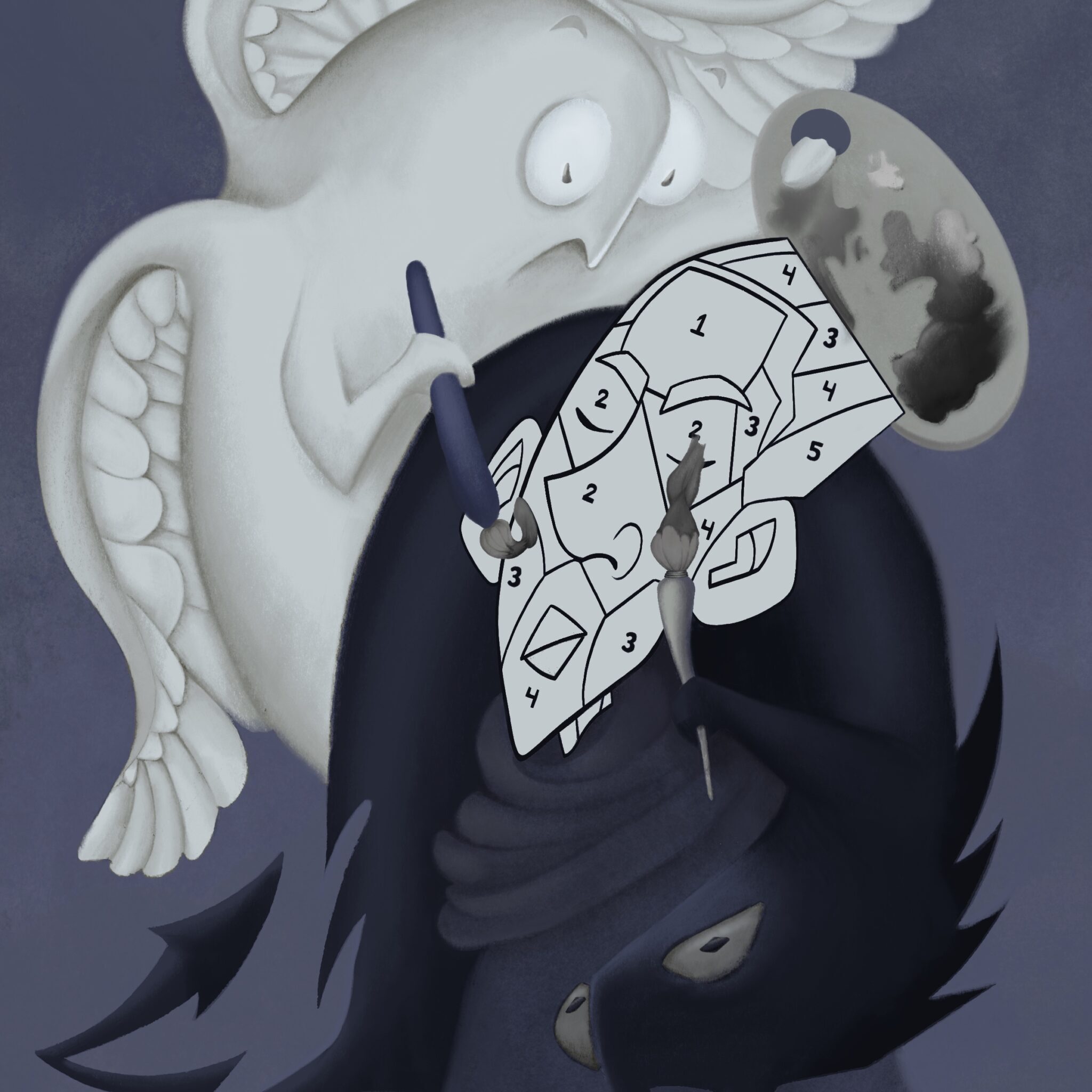 Illustration of a man being painted in by two yin and yang characters