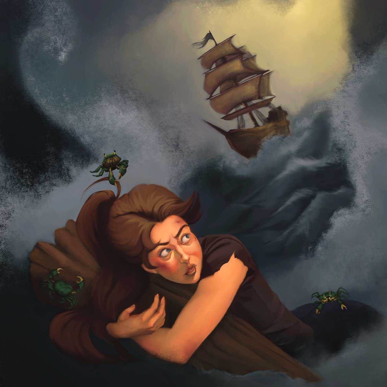 stressed out girl holding onto a log in the ocean, looking at pirate ship headed her way